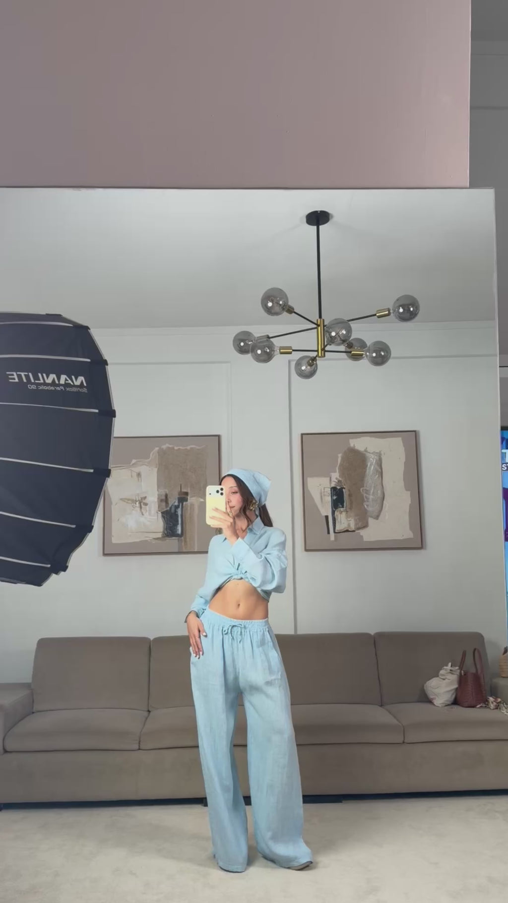 Ensemble chemise courte en lin bleu pastel avec nœud