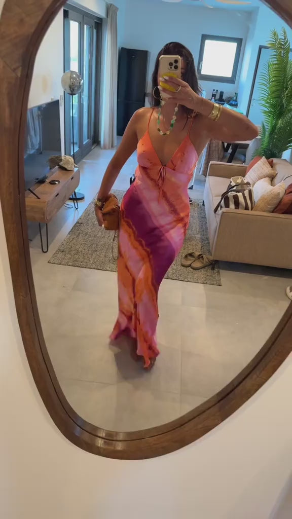 Vestido Acetinado Listas Rosa