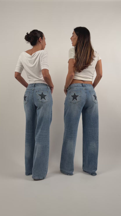 Jeans Wide Leg Estrelas Costuradas
