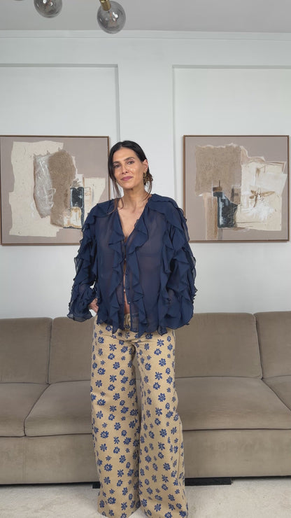 Blusa Boho Folhos Azul Marinho