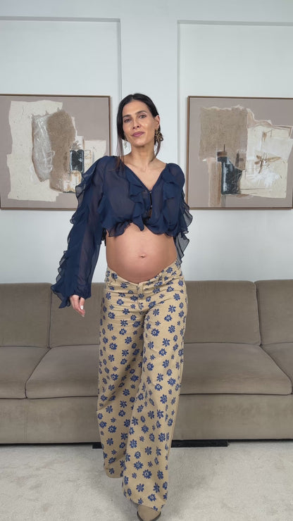 Pantaloni a gamba larga con stampa floreale blu