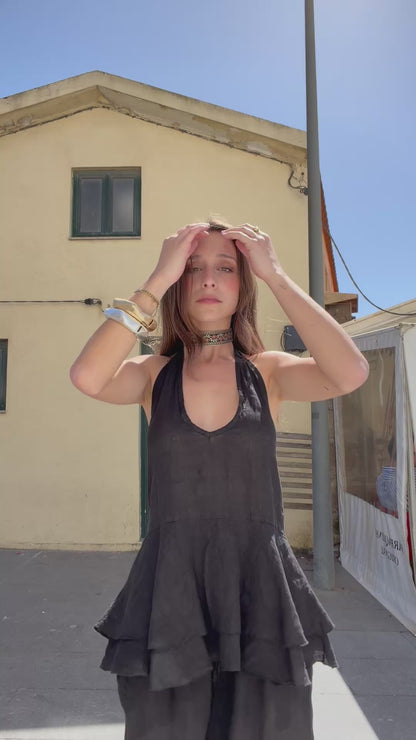 Black Linen Open Back Top Set