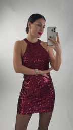 Vestido Decote Halter Lantejoulas Bordeaux