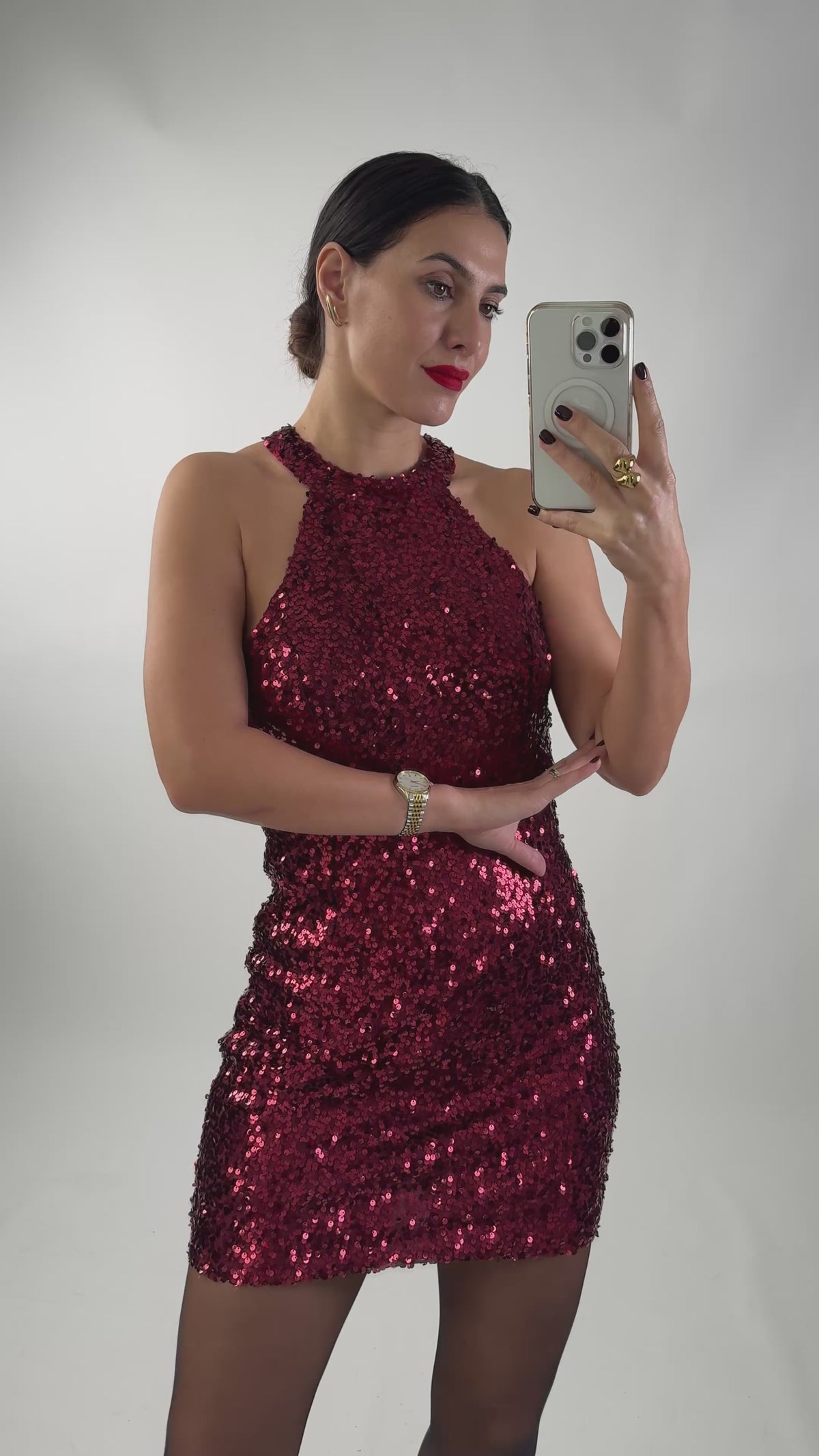 Vestido Decote Halter Lantejoulas Bordeaux
