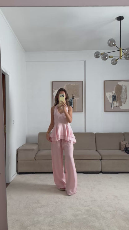 Conjunto Top Open Back Linho Rosa Pastel