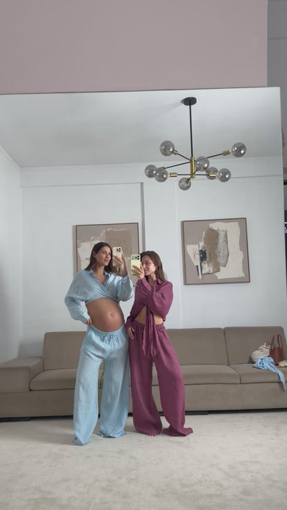 Conjunto Camisa Cropped Nó Linho Beringela