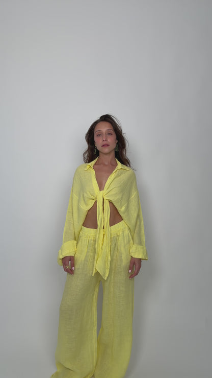 Conjunto Camisa Cropped Nó Linho Amarelo