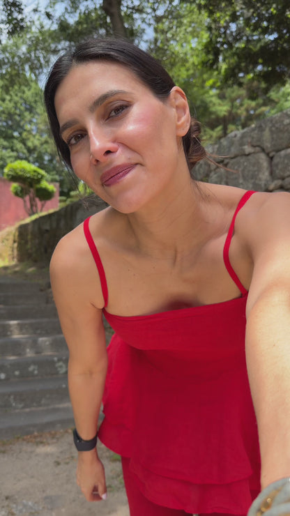 Conjunto Top Folhos Linho Vermelho