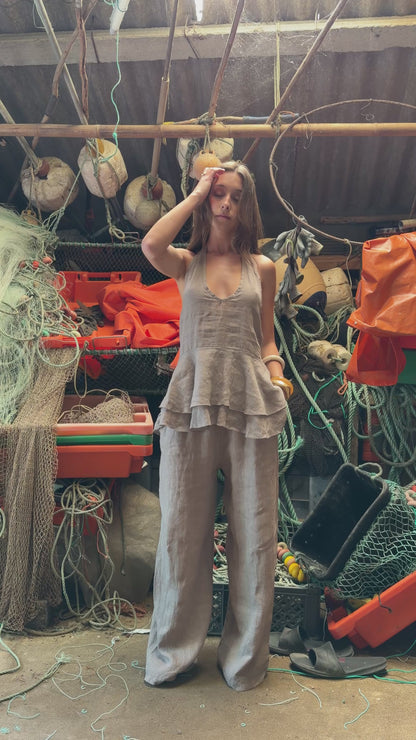 Taupe Linen Open Back Top Set