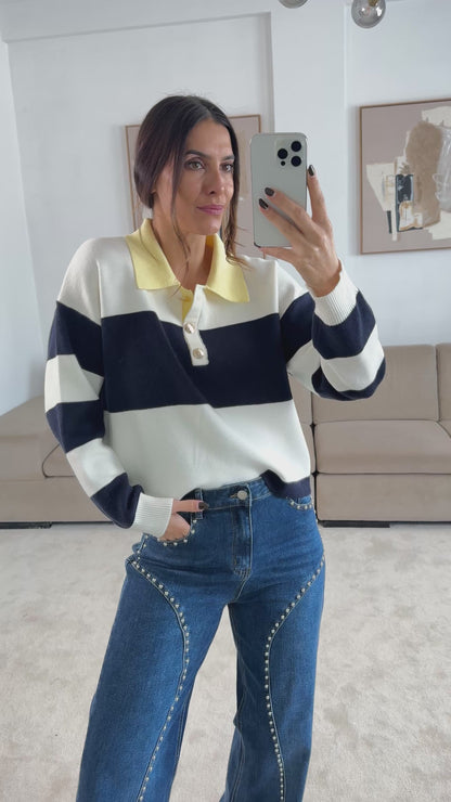 Polo Malha Listas Gola Amarelo Butter