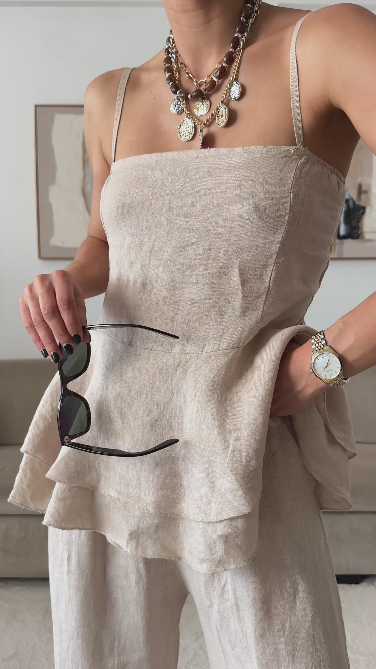 Ensemble haut à volants en lin beige