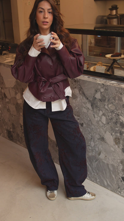 Spodnie Balonowe Aksamitne Wzór Kwiatowy Bordeaux