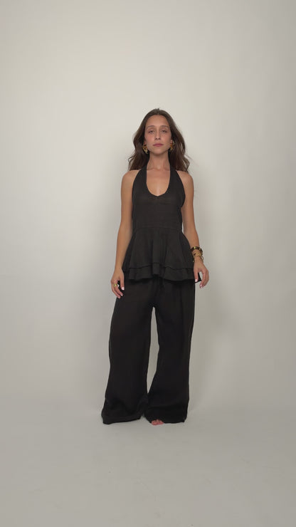 Black Linen Open Back Top Set
