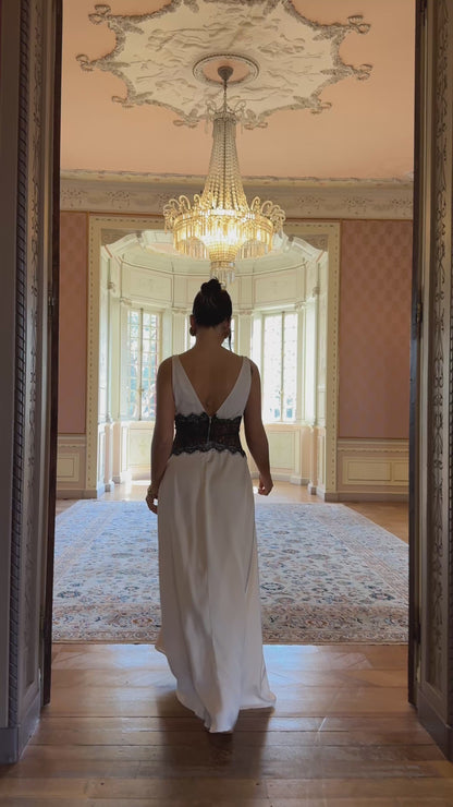 Cream Satin Dress with Lace Detail