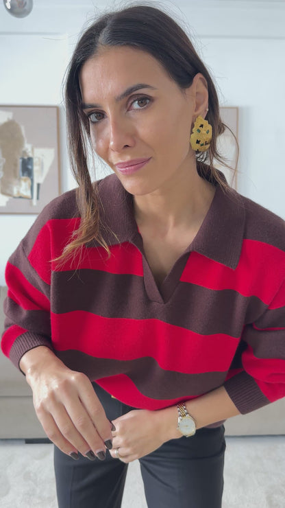 Red and Chocolate Striped Knit Polo Shirt