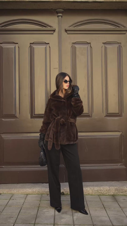 Brown fur coat with hood.