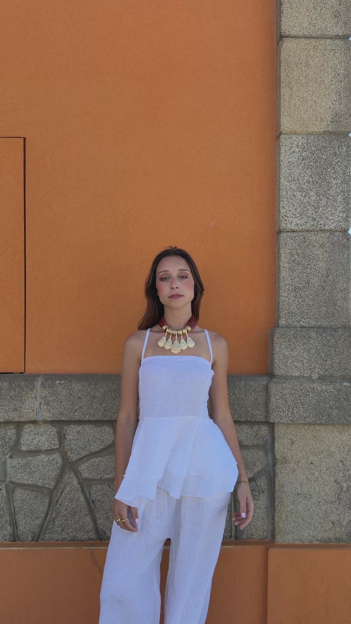 Ensemble haut à volants en lin blanc