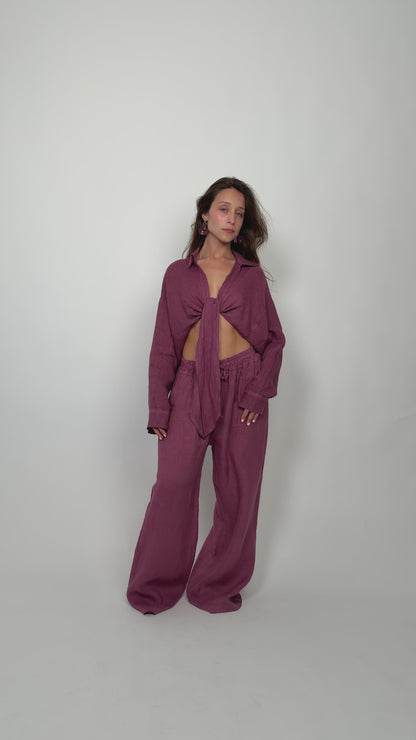 Conjunto Camisa Cropped Nó Linho Beringela