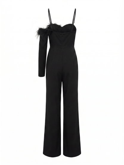 Schwarzer Jumpsuit mit Federdetails
