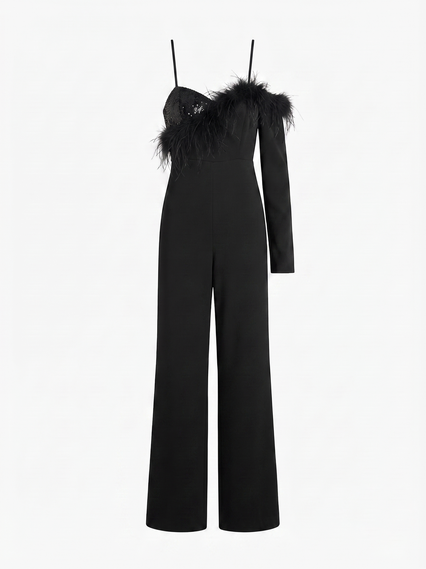 Schwarzer Jumpsuit mit Federdetails