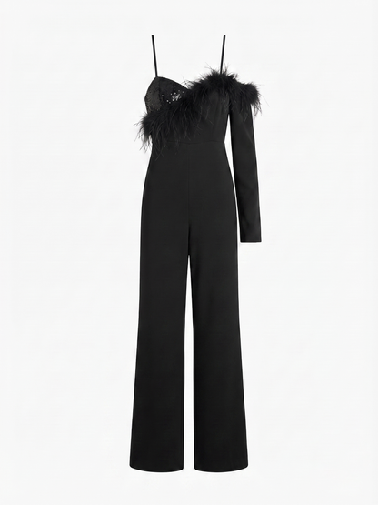 Schwarzer Jumpsuit mit Federdetails
