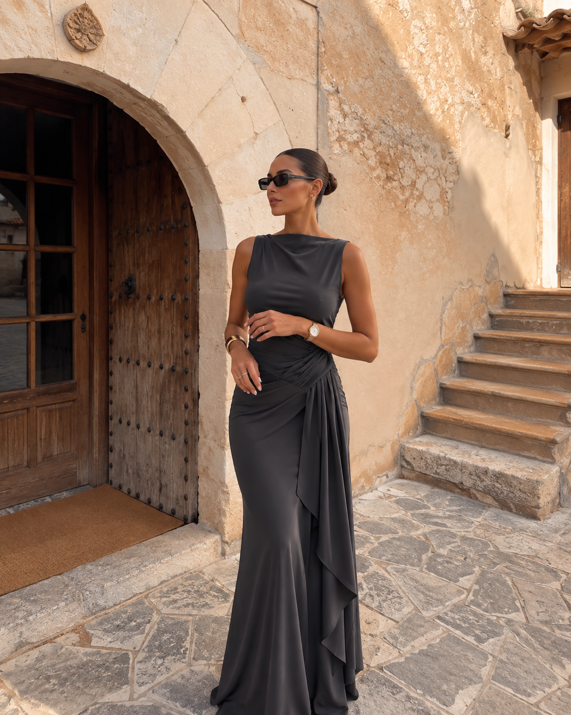 VESTIDO COMPRIDO DRAPEADO CASTANHO 1